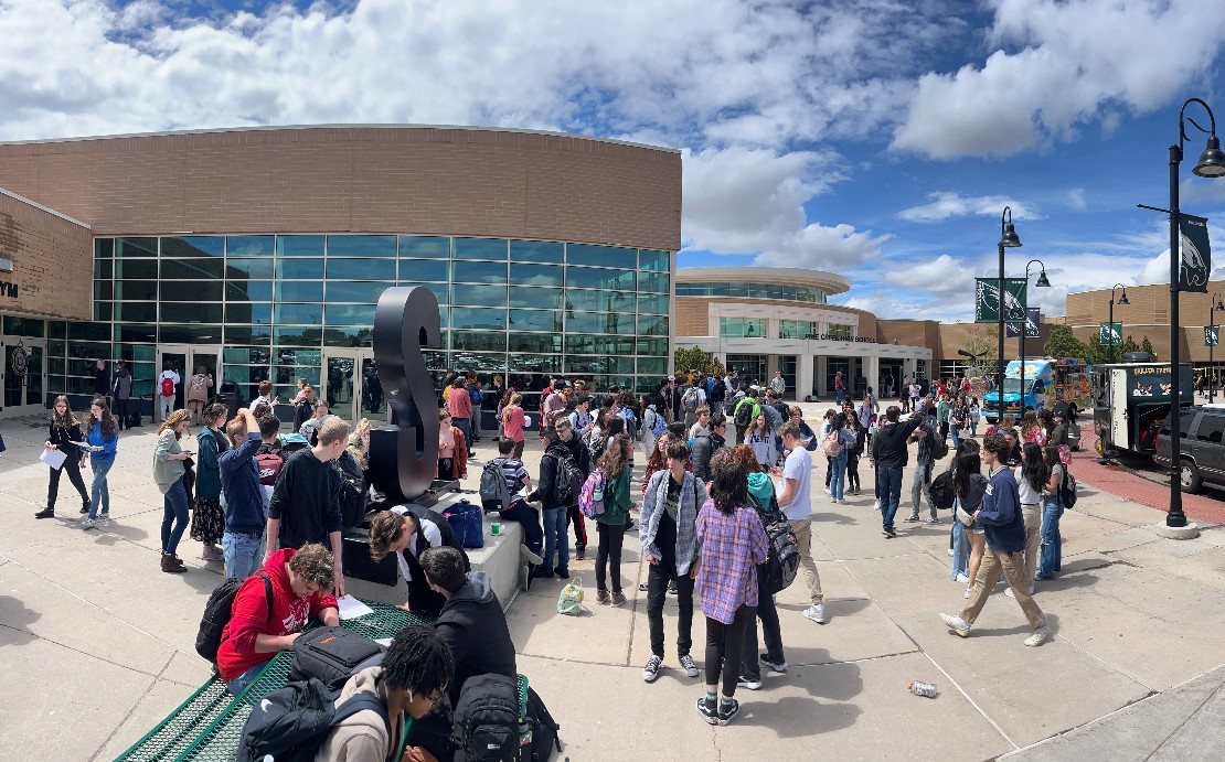 The PCHS courtyard teaming with students.